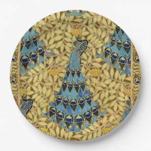 Jugendstil Blaues Pfauen-Blumenmuster Pappteller