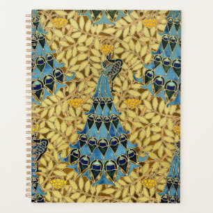 Jugendstil Blaues Pfauen-Blumenmuster Planer
