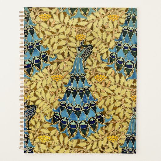 Jugendstil Blaues Pfauen-Blumenmuster Planer (Vorderseite)