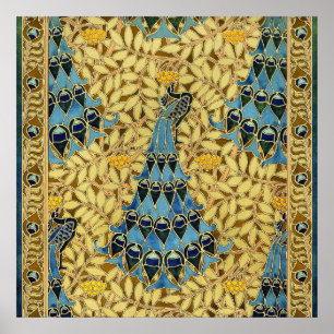 Jugendstil Blaues Pfauen-Blumenmuster Poster