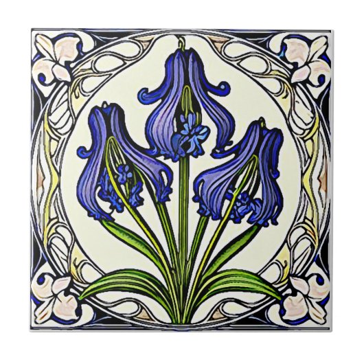 Jugendstil-Bluebell-Blume-Patrone 1 Fliese (Vorderseite)