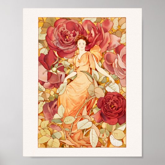 Jugendstil-Blume Fee mit Rot-Orange-Rose Poster (Vorne)