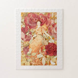 Jugendstil-Blume Fee mit Rot-Orange-Rose Puzzle