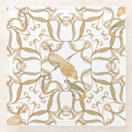 Jugendstil-Blume Vögel Glasuntersetzer (Vorderseite)