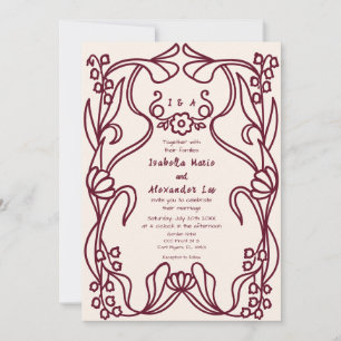 Jugendstil-Blumen-Hochzeitseinladung Burgunder Pin Einladung
