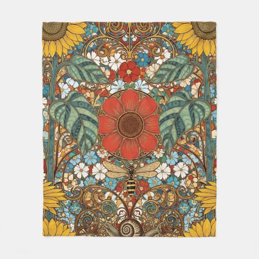 Jugendstil-Blumengarten – Sonnenblumen, Biene Fleecedecke (Vorderseite)