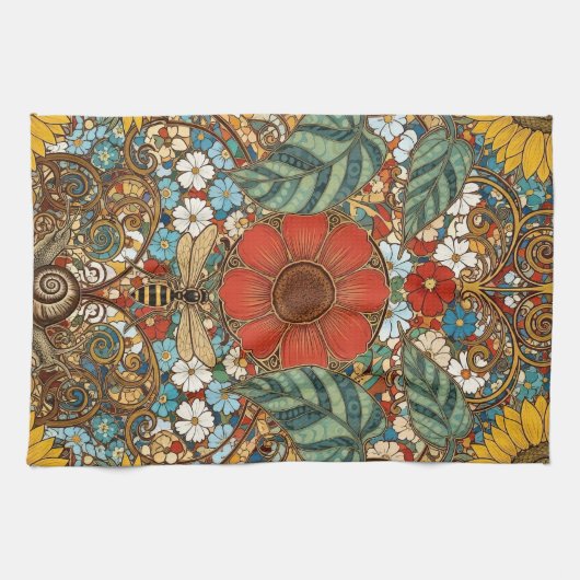 Jugendstil-Blumengarten – Sonnenblumen, Biene Geschirrtuch (Horizontal)