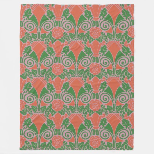 Jugendstil Blumengrün rotes Rosenmuster Fleecedecke (Vorderseite)