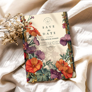 Jugendstil-Blumenhochzeit beim Sonnenuntergang Save The Date