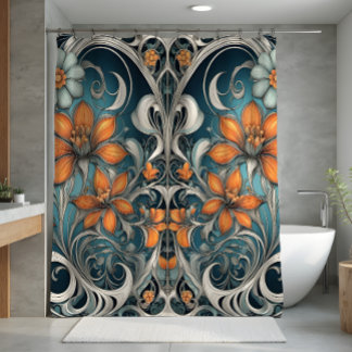 Jugendstil-Blumenmuster Türkis Orange Duschvorhang