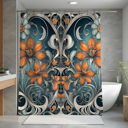 Jugendstil-Blumenmuster Türkis Orange Duschvorhang
