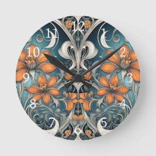 Jugendstil-Blumenmuster Türkis Orange Runde Wanduhr
