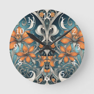 Jugendstil-Blumenmuster Türkis Orange Runde Wanduhr
