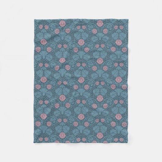 Jugendstil Blumenteal Blauton rosa Muster Fleecedecke (Vorderseite)