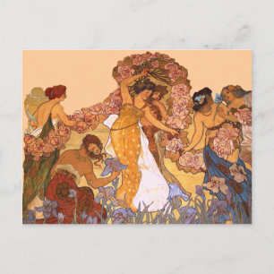 Jugendstil Blumige Mädchen Vintage Mucha Inspirier Postkarte