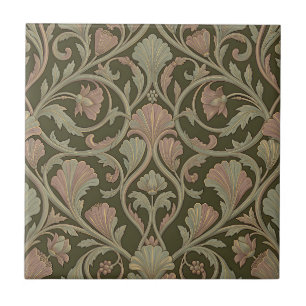 Jugendstil Blumiges Muster Dunkelgrün Rosa Vintage Fliese