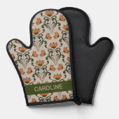 Jugendstil-boho-orange-Blume mit Namen in beige Ofenhandschuh (Vorderseite/Rückseite)