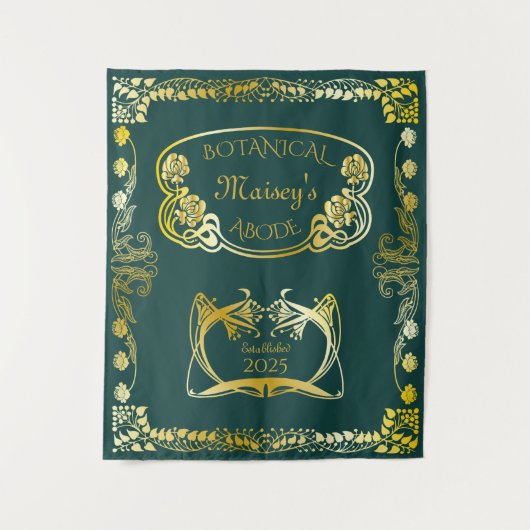 Jugendstil-Buchcover Botanische Motive Gold Green Wandteppich (Vorderseite)