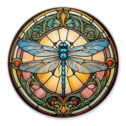 Jugendstil-Buntglas-Libelle Keramikknauf (Vorderseite)