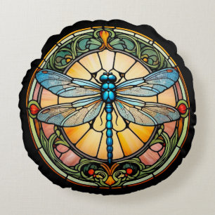 Jugendstil-Buntglas-Libelle Rundes Kissen