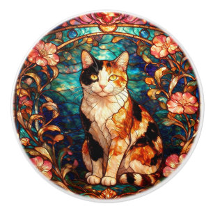 Jugendstil-Buntglas-Stil Dreifarbiges Katze Keramikknauf