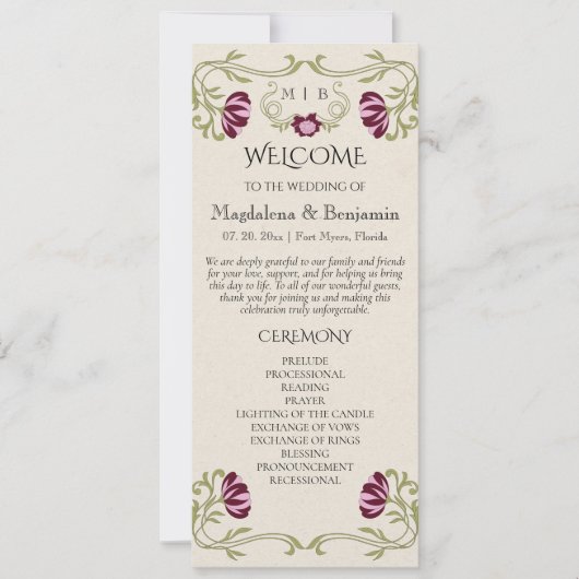 Jugendstil-Burgunderrosafarbenes Hochzeitsprogramm (Vorderseite)