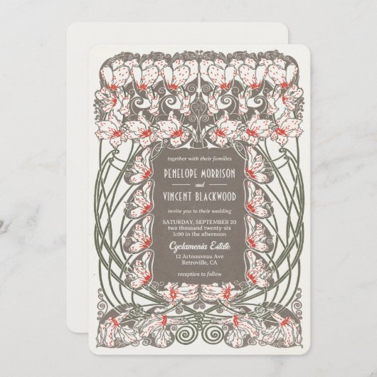 Jugendstil-Cyclamen Elegance Hochzeit Einladung (Vorne/Hinten)