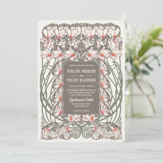 Jugendstil-Cyclamen Elegance Hochzeit Einladung (Stehend Vorderseite)