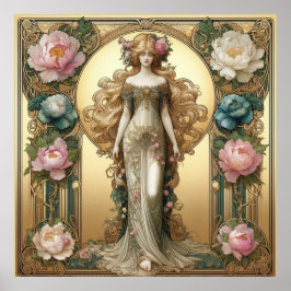 Jugendstil-Dame mit Peonies Poster