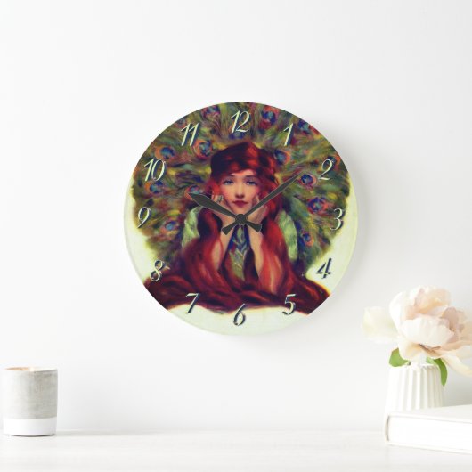 Jugendstil-Deko elegante Pfauenfedern Große Wanduhr (Zuhause)