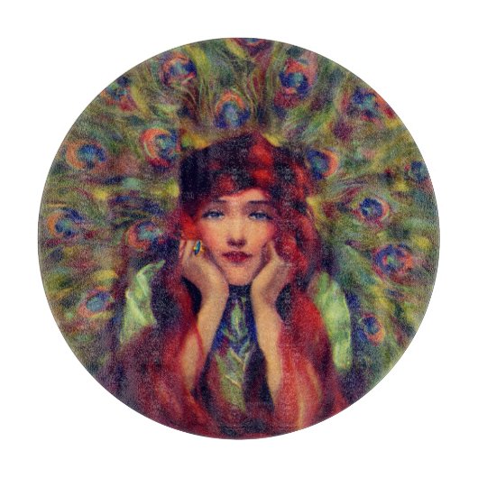 Jugendstil-Deko elegante Pfauenfedern Schneidebrett (Vorderseite)