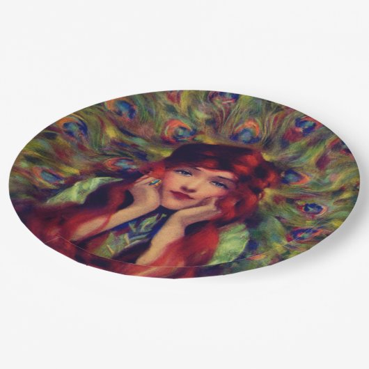 Jugendstil Deko Pfauenfedern elegant Pappteller (Schrägansicht)