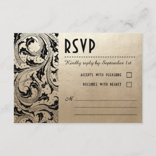 Jugendstil-Dream Wedding RSVP Cards - Gold & Black Karte
