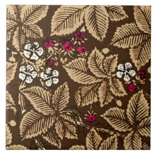 Jugendstil-Erdbeeren und Blätter, dunkelbraun Fliese