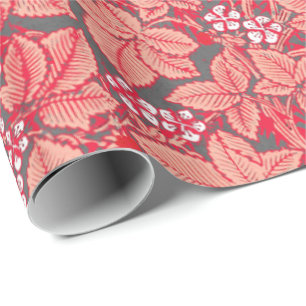 Jugendstil-Erdbeeren und Blätter, Korallenorange Geschenkpapier