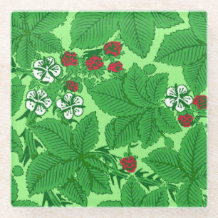 Jugendstil-Erdbeeren und Blätter, Limettengrün Glasuntersetzer
