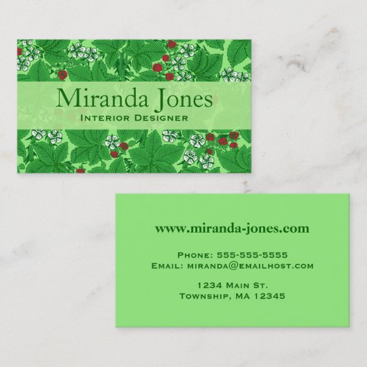 Jugendstil-Erdbeeren und Blätter, Limettengrün Visitenkarte (Vorne/Hinten)