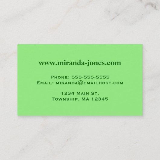 Jugendstil-Erdbeeren und Blätter, Limettengrün Visitenkarte (Rückseite)