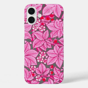 Jugendstil-Erdbeeren und Blätter, Rosa und Grau iPhone 16 Plus Hülle