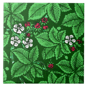 Jugendstil-Erdbeeren und Blätter, Smaragdgrün Fliese