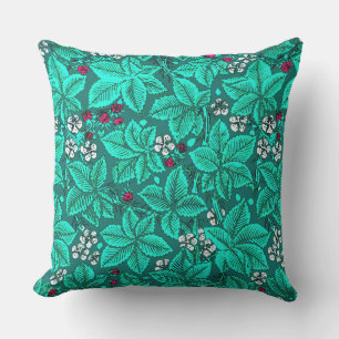 Jugendstil Erdbeeren und Blätter, Türkis Kissen