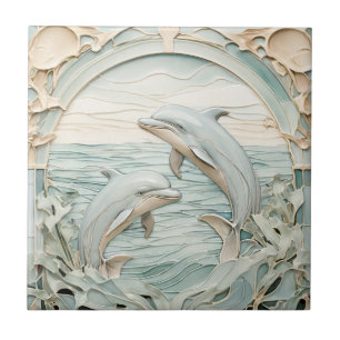 Jugendstil Faux-Relief Delfine Mint Blau & Weiß Fliese