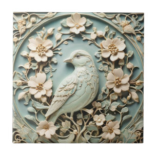 Jugendstil-Faux-Relief Linker Vogel Floral Mint Fliese