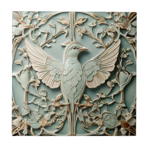 Jugendstil Faux Relief Rechter Vogel Pastell Mint Fliese