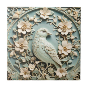 Jugendstil-Faux-Relief-Vogel und Frühlingsblumen M Fliese