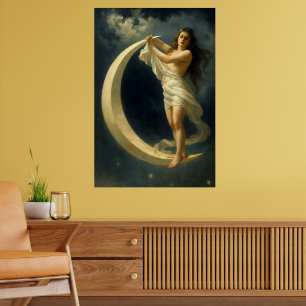 Jugendstil-Frau, auf einer Mondsichel reitend Poster