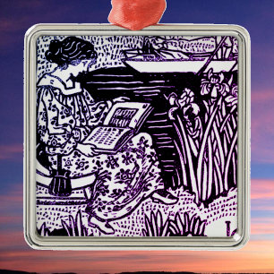 Jugendstil Frau beim Lesen Buchliebhaberin Ornament Aus Metall
