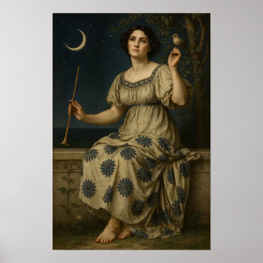 Jugendstil Frau mit Klarinette und Mondsichel Poster (Vorne)