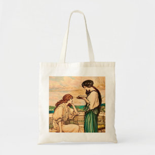 Jugendstil-Frauen beim Lesen am Meer Tragetasche