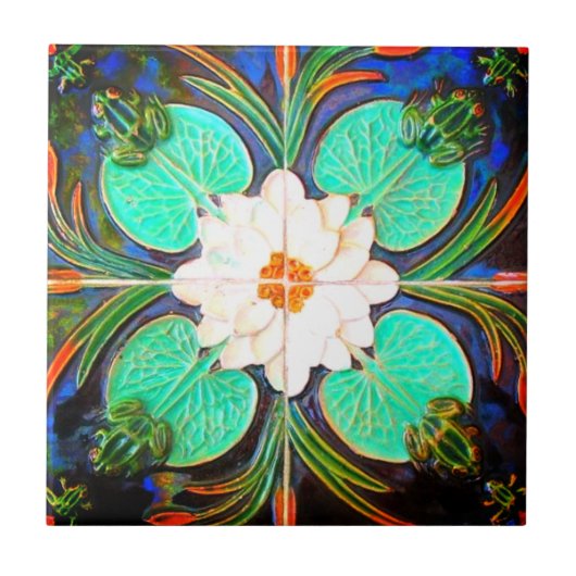 Jugendstil-Frösche und Lilienpolster Azulejos Vint Fliese (Vorderseite)